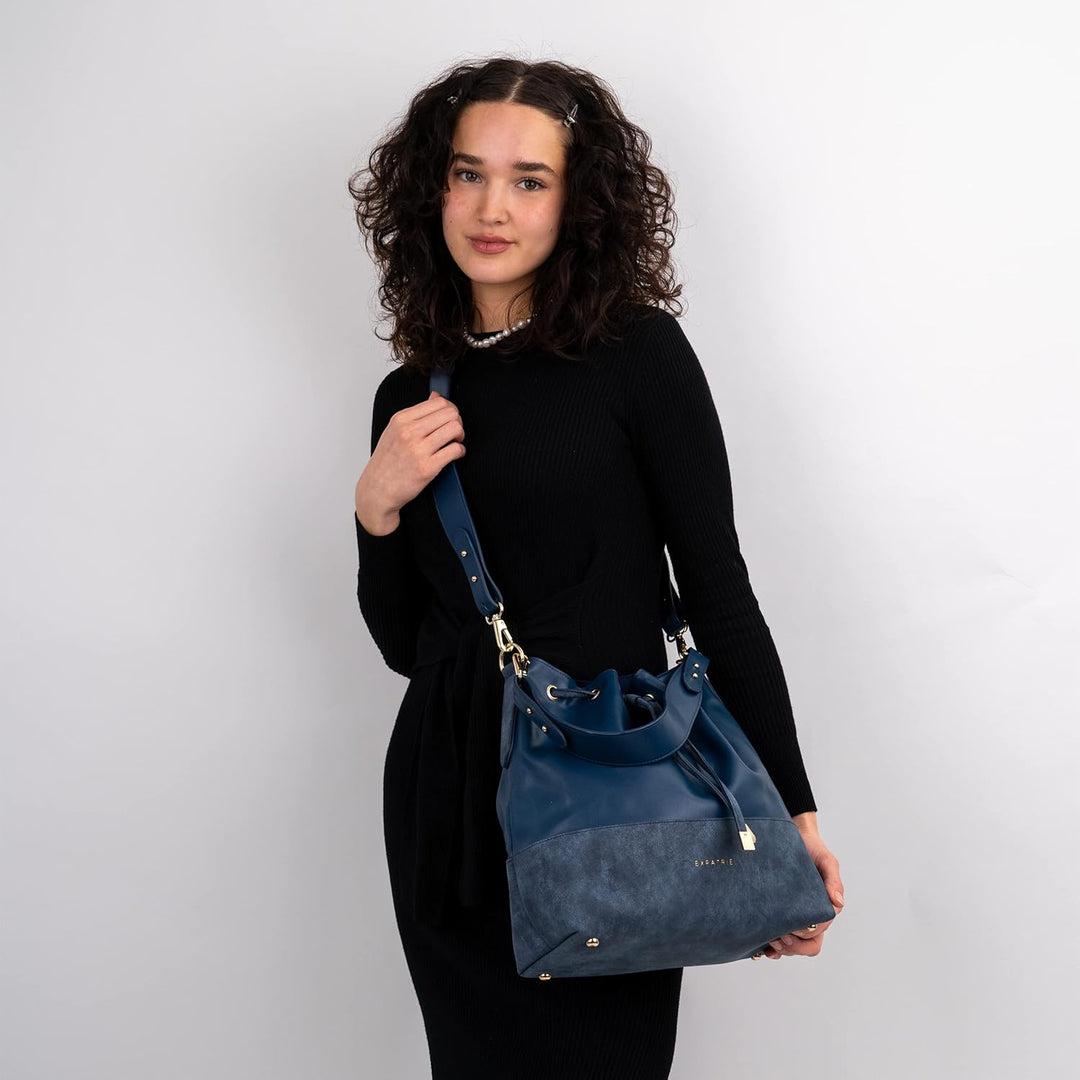 Expatrié Handtasche Damen Blau SARAH Bucket Bag Umhängetasche aus veganem PU-Leder für Shopping, Bür