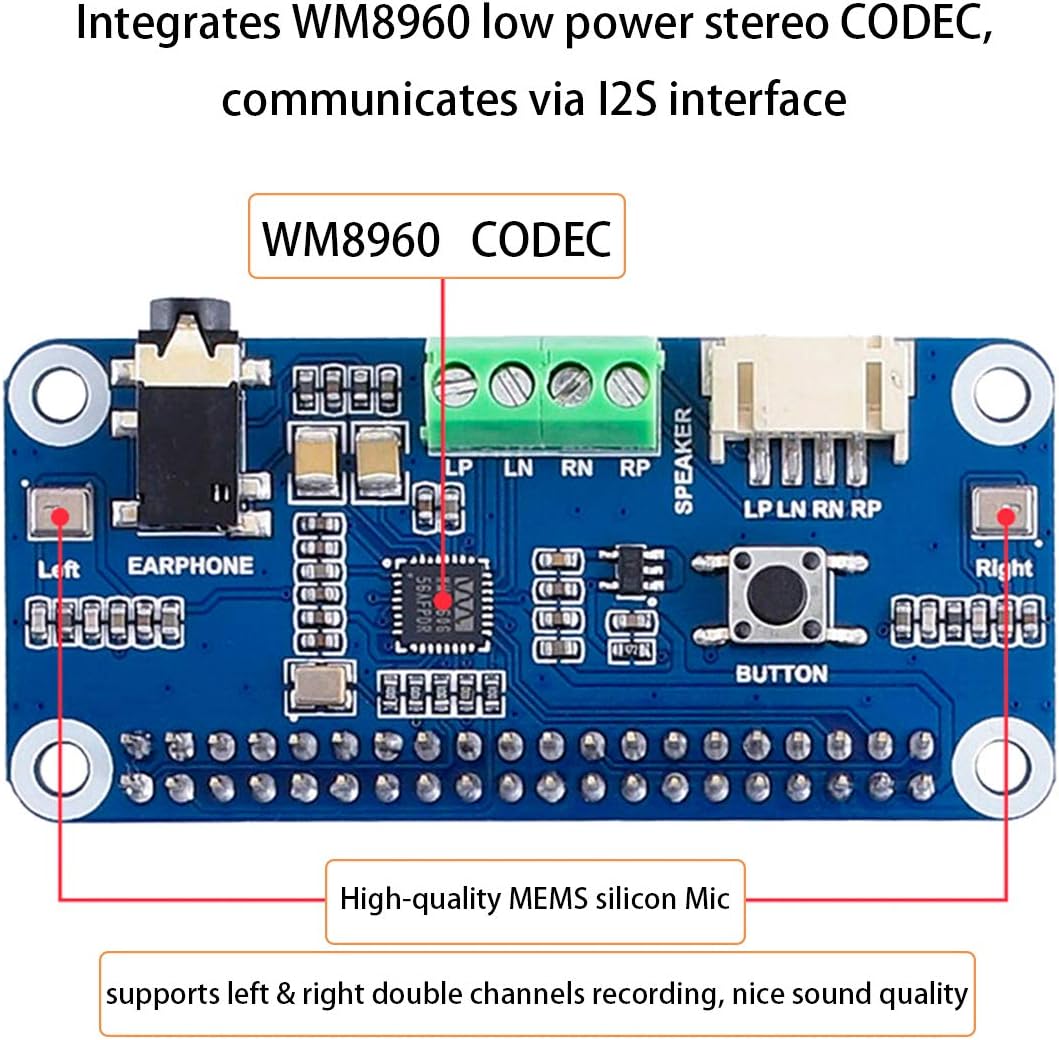Audio HAT Modul für Raspberry Pi 4B/3B+/3B/2B/B+/A+/Zero/Zero W/Pi Zero WH,WM8960 Hi-Fi-Soundkarte H