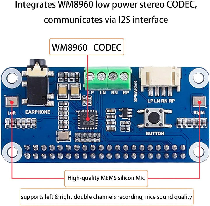 Audio HAT Modul für Raspberry Pi 4B/3B+/3B/2B/B+/A+/Zero/Zero W/Pi Zero WH,WM8960 Hi-Fi-Soundkarte H