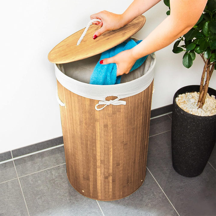 Relaxdays Wäschekorb Bambus, Faltbare Wäschetonne mit Deckel, Volumen 70l, Wäschesack Baumwolle, run