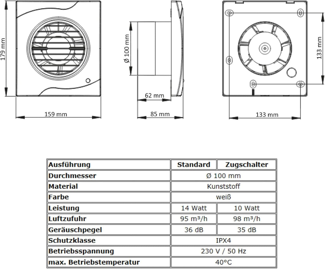 VONLIS Badlüfter Lüfter Wandlüfter Ventilator WC Bad Küche leise Ø 100 mm Zugschalter