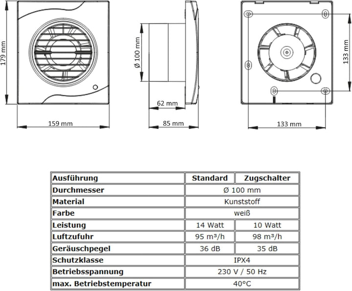 VONLIS Badlüfter Lüfter Wandlüfter Ventilator WC Bad Küche leise Ø 100 mm Zugschalter