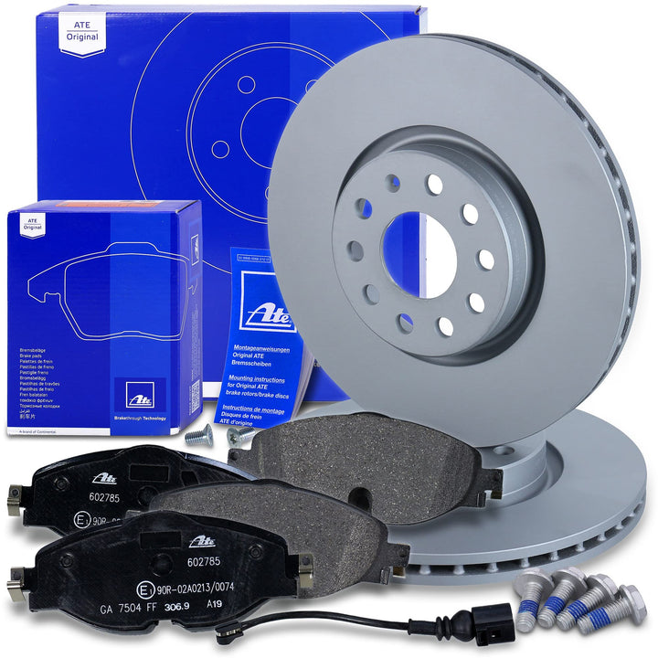 ATE Bremsenset Vorderachse inkl. Bremsscheiben vorne Ø 312 mm belüftet und Bremsbeläge vorne + Warnk