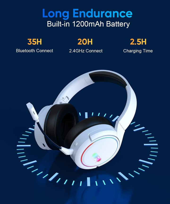 Kabelloses Gaming-Headset, Bluetooth Kopfhörer mit Mikrofon, 2,4 GHz Wireless Headphones Over-Ear Ko
