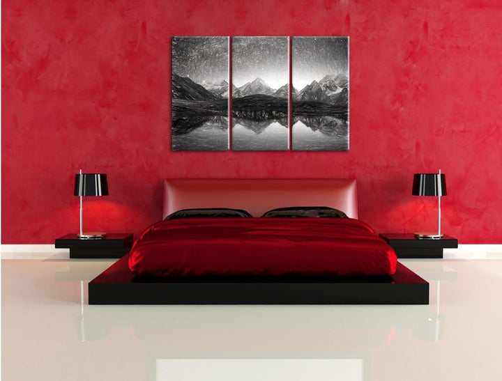 Pixxprint Sternenhimmel über dem Gebirge / 3-Teilig/Gesamtmass 120cm Leinwandbild bespannt auf Holzr