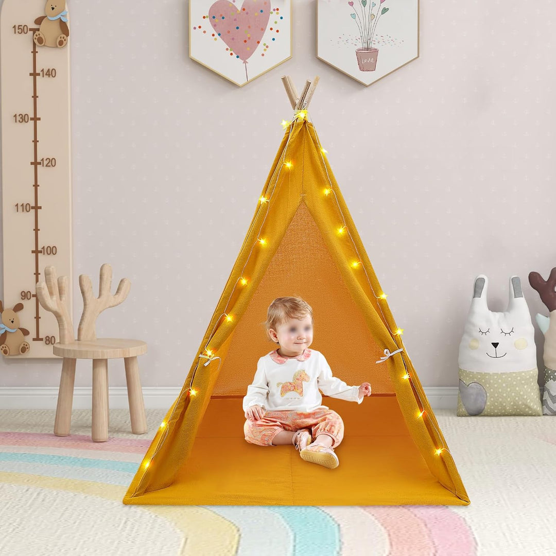 Tipi Zelt für Kinder, Spielzelt Kinder mit weicher Matte & Lichterkette, 1,4m hohes Kinderzelt aus B