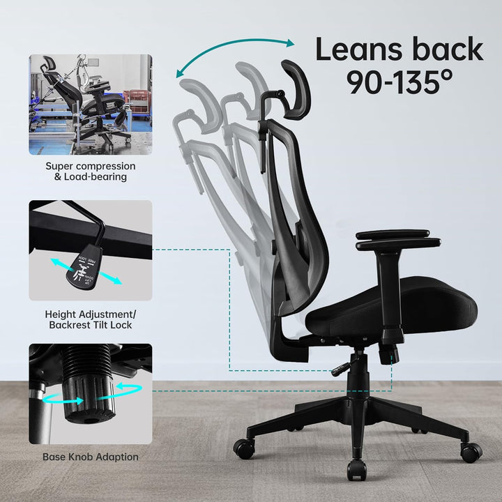 Ergonomischer Bürostuhl mit Verstellbar 3D Armlehne Kopfstütze und Lendenwirbelstütze, Schreibtischs
