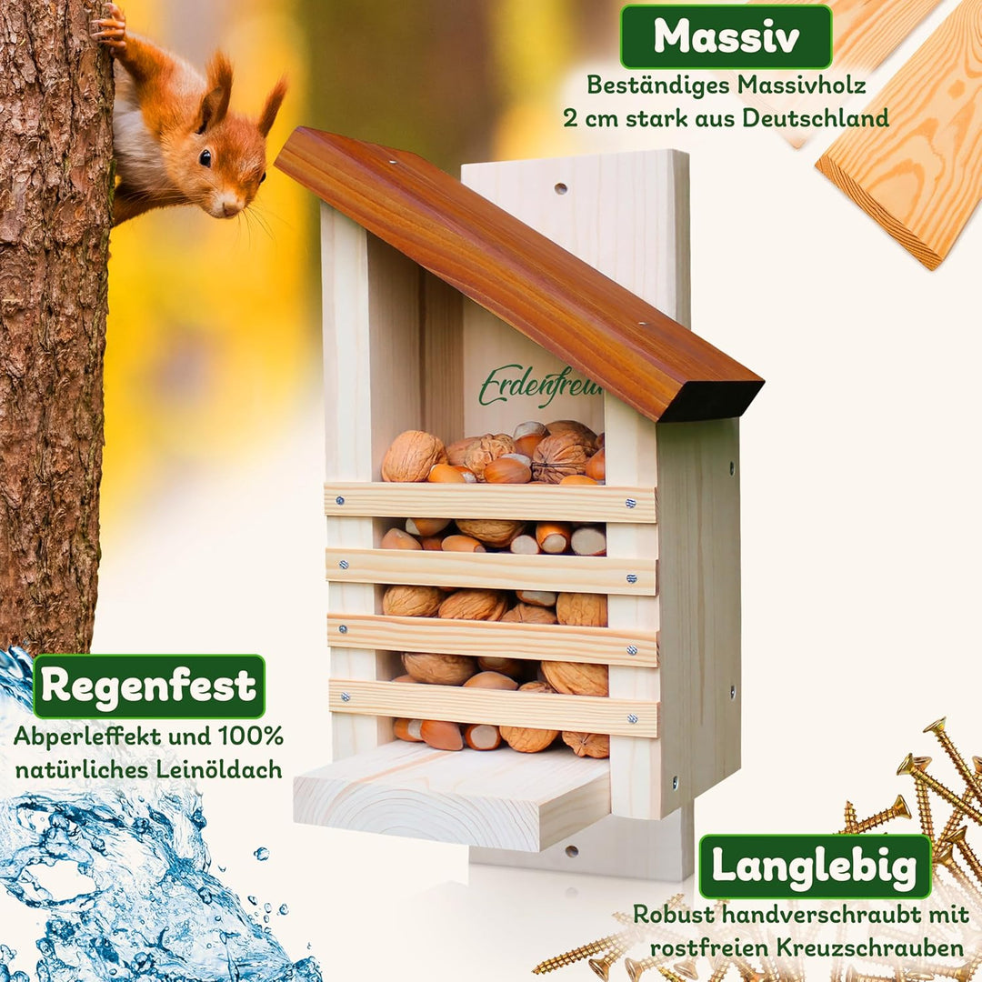 ERDENFREUND® Eichhörnchen Futterhaus ohne scharfes Glas & Genickbruch-Klappe 100% sicher wetterfest