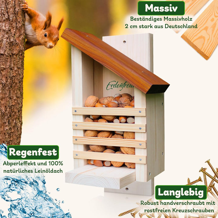 ERDENFREUND® Eichhörnchen Futterhaus ohne scharfes Glas & Genickbruch-Klappe 100% sicher wetterfest