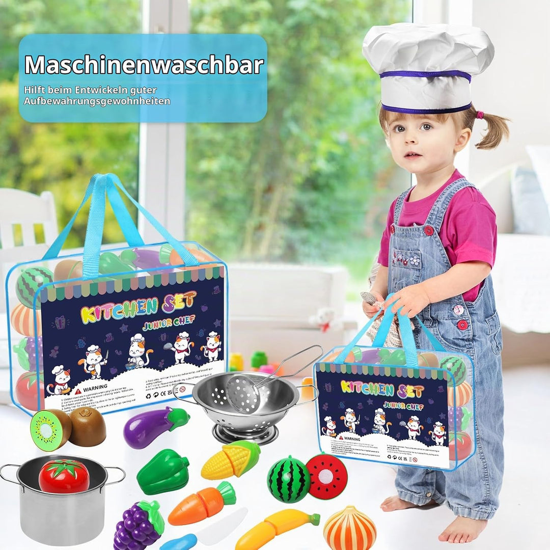 Kinderküche Zubehör 32 Stück Kinderküche Spielküche Zubehör,Lebensmittel Edelstahl Kochset Kinderspi