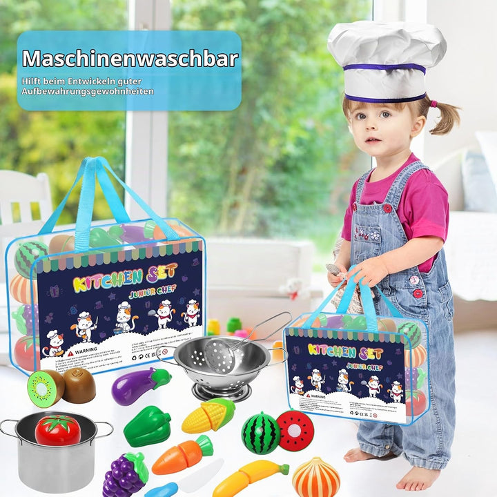 Kinderküche Zubehör 32 Stück Kinderküche Spielküche Zubehör,Lebensmittel Edelstahl Kochset Kinderspi