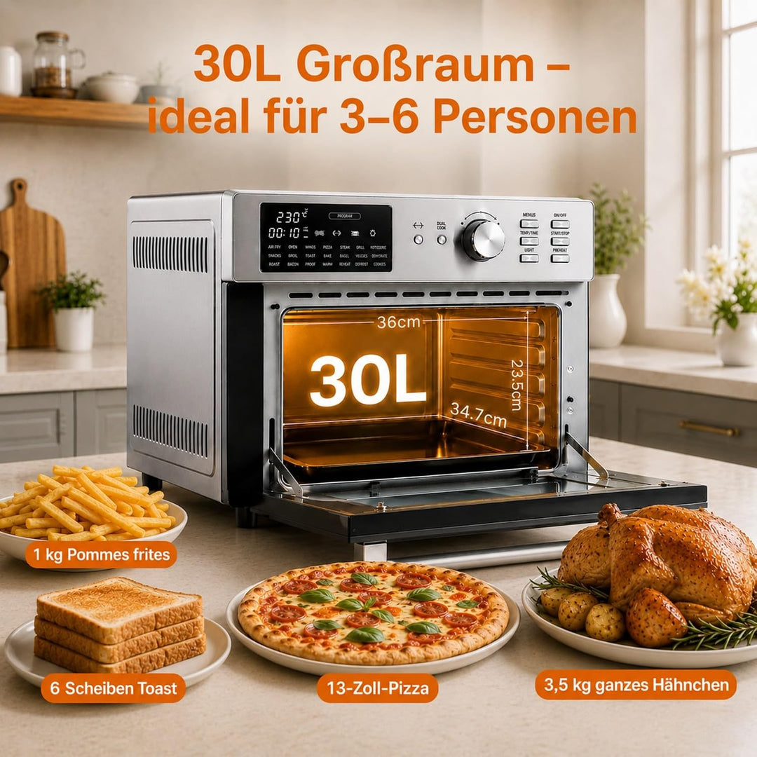 Heissluftfritteuse xxl 30°C-230°C, Mini backofen mit Umluft, 1800W Air Fryer Ofen, Grosse Kapazität