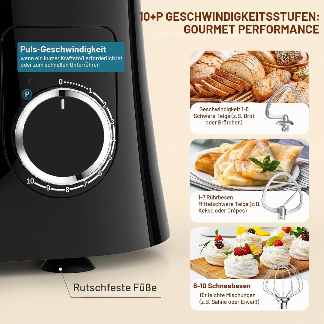 Küchenmaschine Knetmaschine 1500W | Facelle 5,5L &amp;4,5L Teigmaschine Rührmaschine | Geräuscharm| 10+P