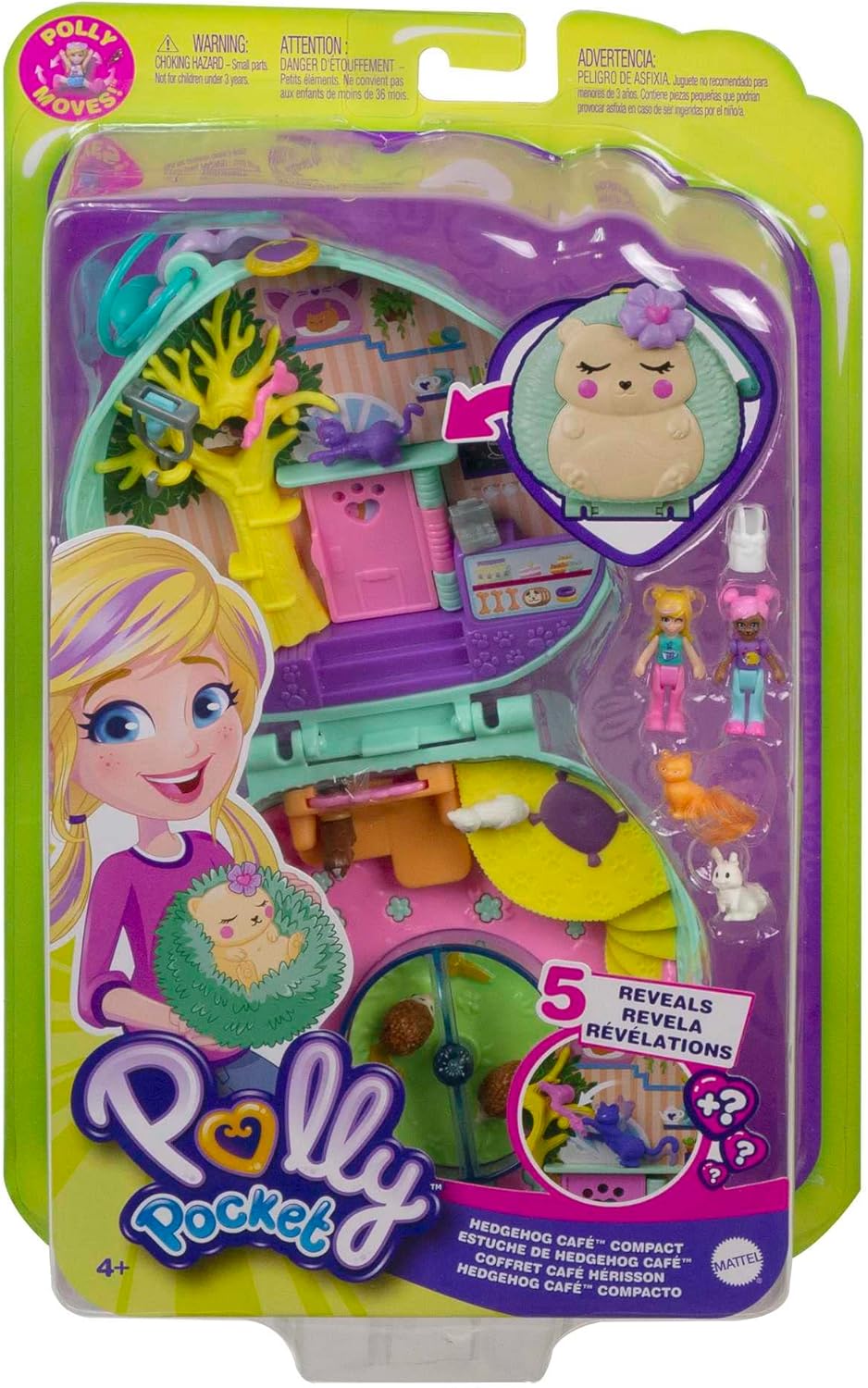 Polly Pocket GTN15 - Igel-Café Schatulle im Café- und Haustier-Design, kleiner Polly Puppe & Freundi