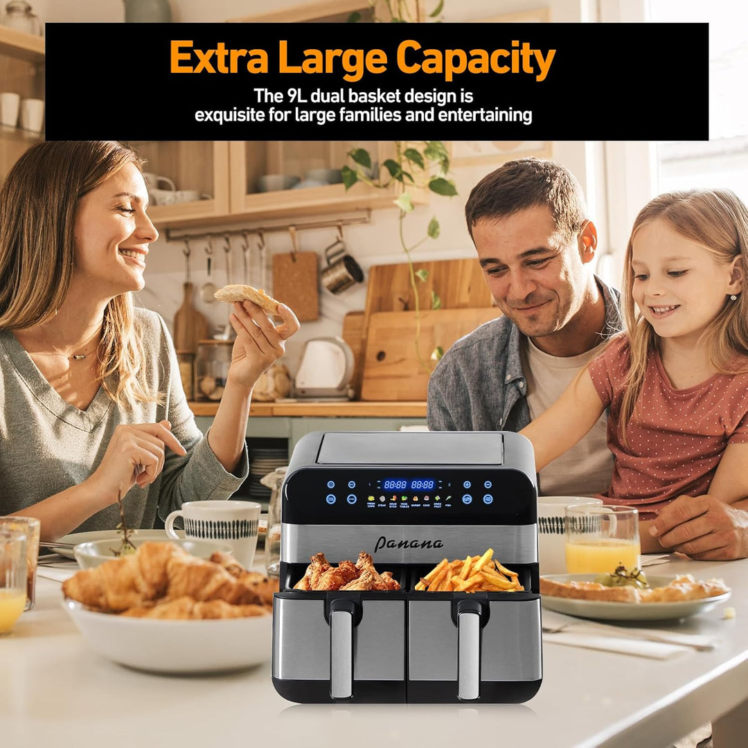 Panana Heissluftfritteuse mit Doppelfach, Friteuse ohne Öl 2x4,5L, 8 Programme, 2400W, Heissluftfrit