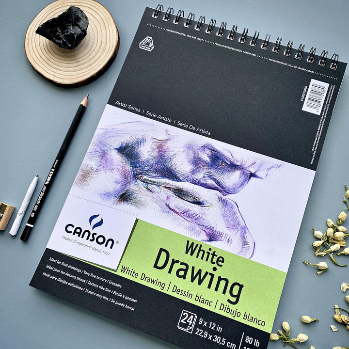 Canson Artist Series 1557 Pure White Drawing Paper Pad, Fine Texture, Top Wire Bound, 80 Pound, 9 x
