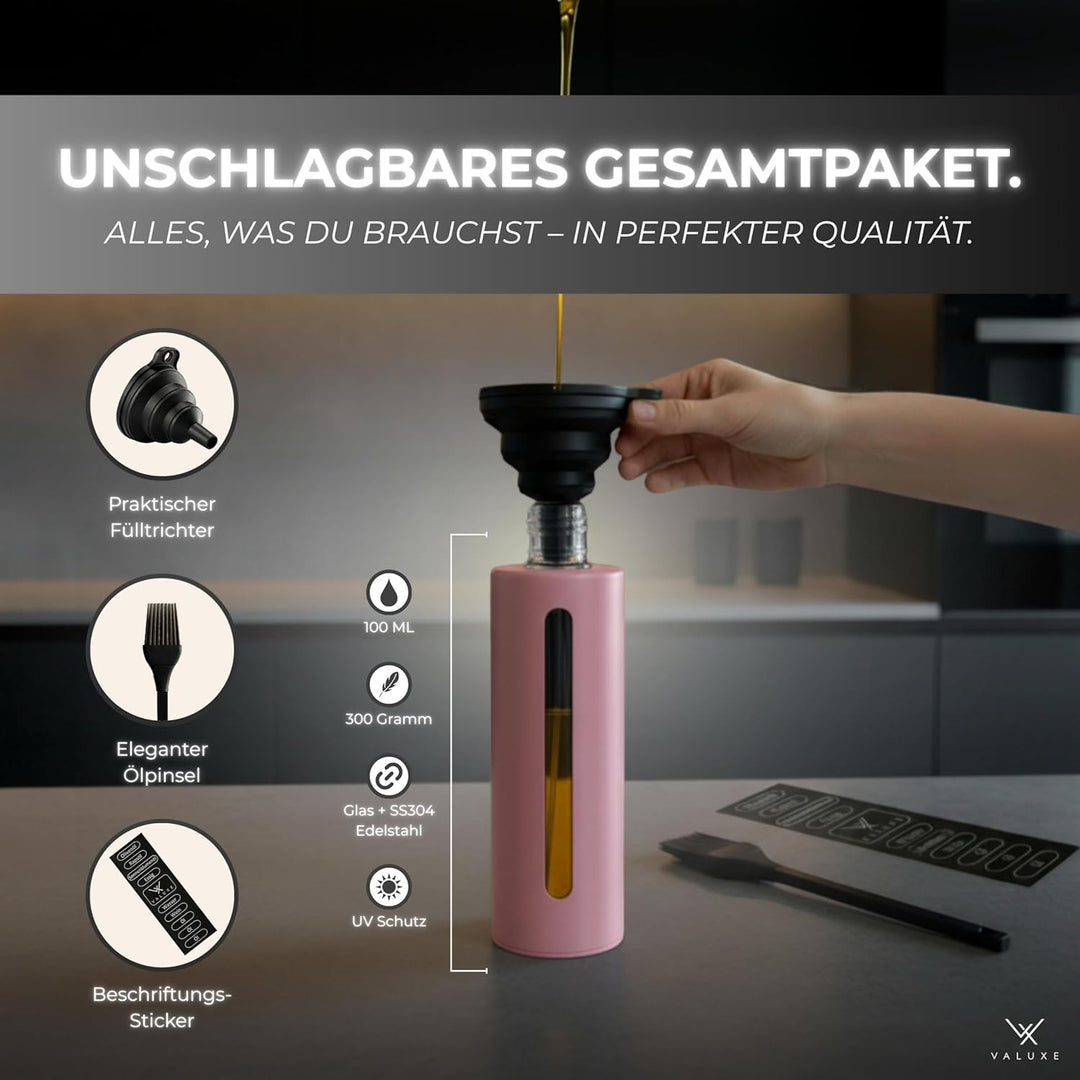 VALUXE® Ölsprüher für Speiseöl & Essig mit UV-Edelstahlmantel & Sprühfilter - Edelstahl Öl-Sprühflas