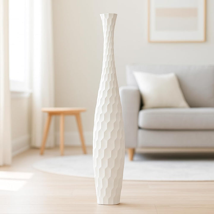 Leewadee Grosse Bodenvase für Dekozweige hohe Standvase Design Holzvase, Holz, 70 cm, Weiss 70 cm We