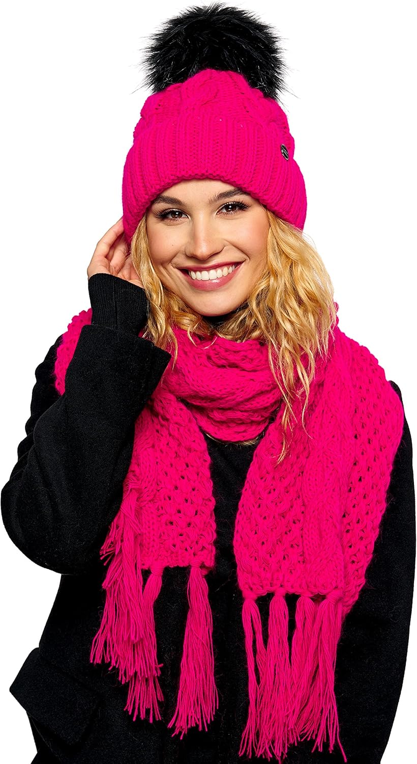 ELIMELI® Winter Mütze Damenmütze mit Fell-Bommel Fleece Innenfutter gefüttert - warme Damen Bommelmü