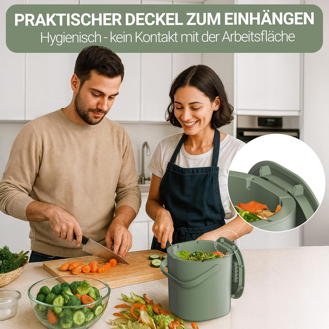 PTMS® Biomülleimer Küche 6L - Biomüll mit Aktivkohlefilter & Deckel zum Einhängen - geruchsdicht, sp