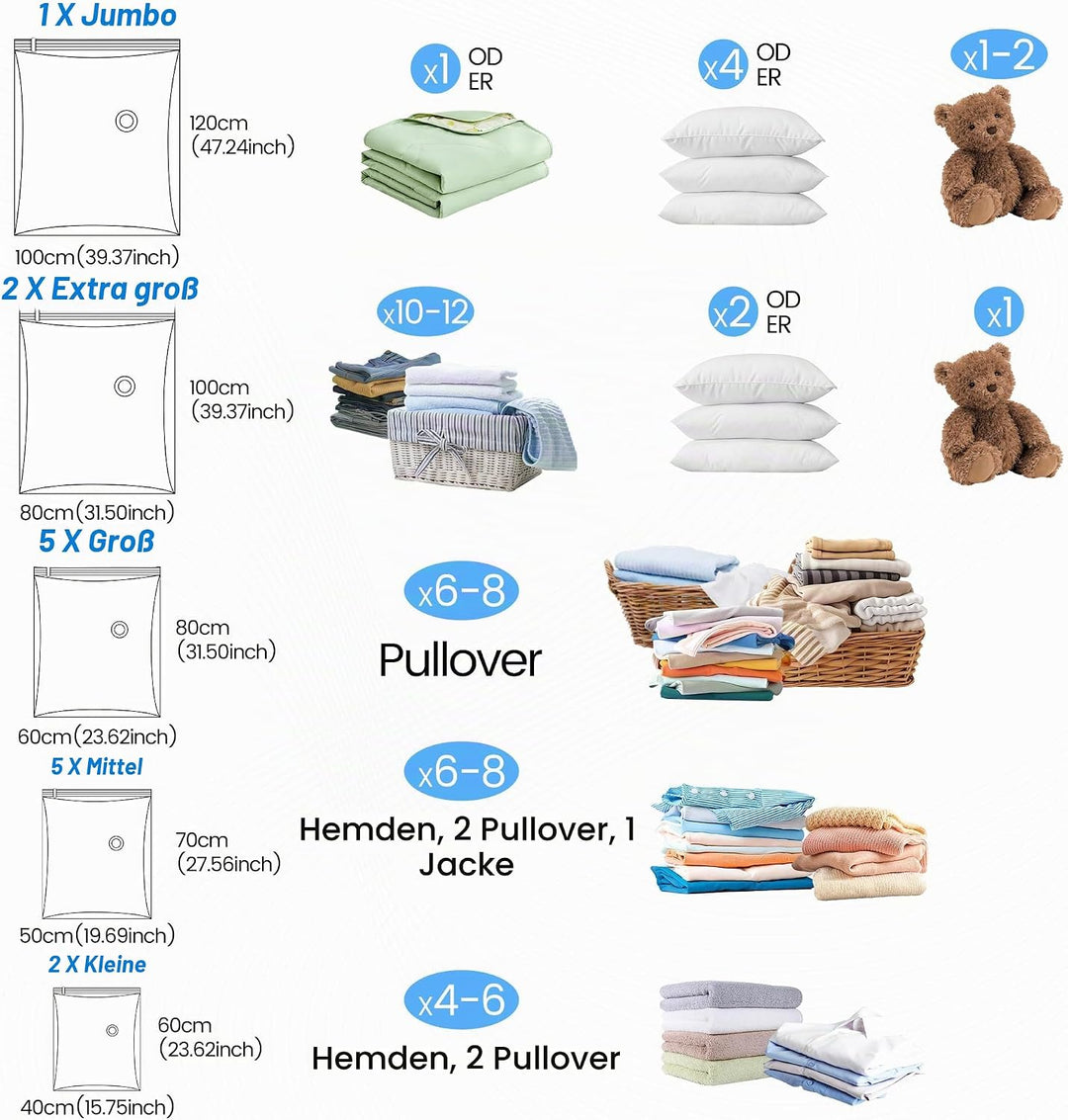 Vakuumbeutel für Kleidung &amp; Bettdecken, 15 Stück Set mit vacuum bags for clothing Handpumpe – Platzs