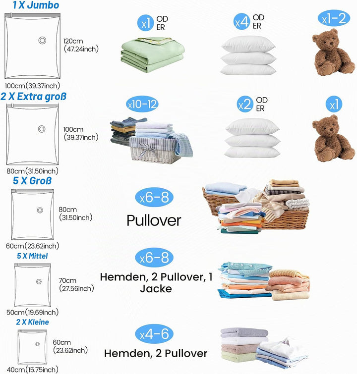 Vakuumbeutel für Kleidung &amp; Bettdecken, 15 Stück Set mit vacuum bags for clothing Handpumpe – Platzs