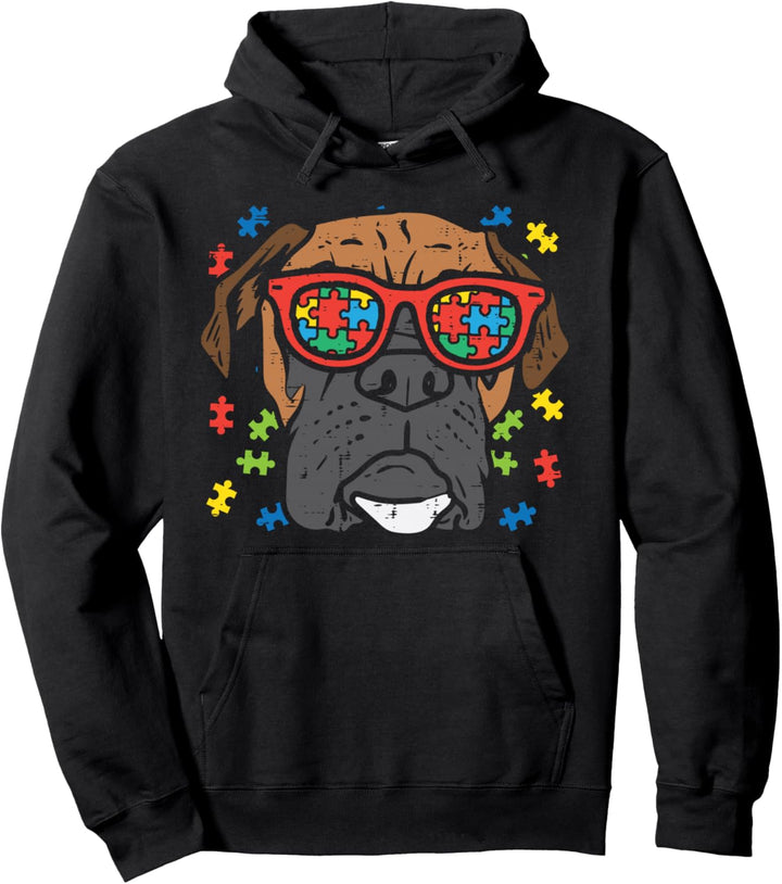 Boxer Face Puzzle Glasses Autism Awareness Dog Lover Owner Pullover Hoodie