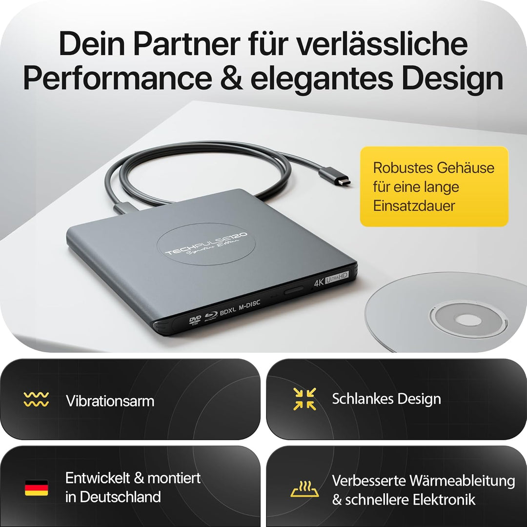 techPulse120 Externes USB 3.1 USB-C UHD 4k 3D M-DISC Blu-ray DVD CD HDR10 128GB Laufwerk Brenner Bur