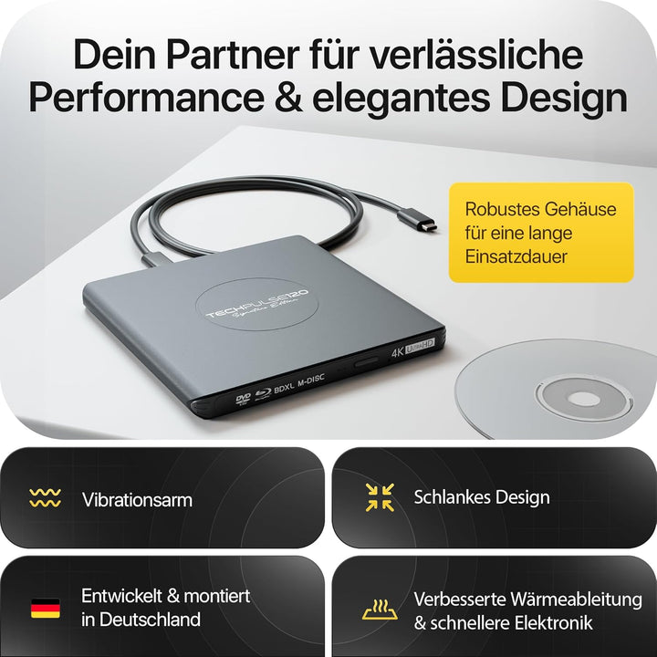 techPulse120 Externes USB 3.1 USB-C UHD 4k 3D M-DISC Blu-ray DVD CD HDR10 128GB Laufwerk Brenner Bur