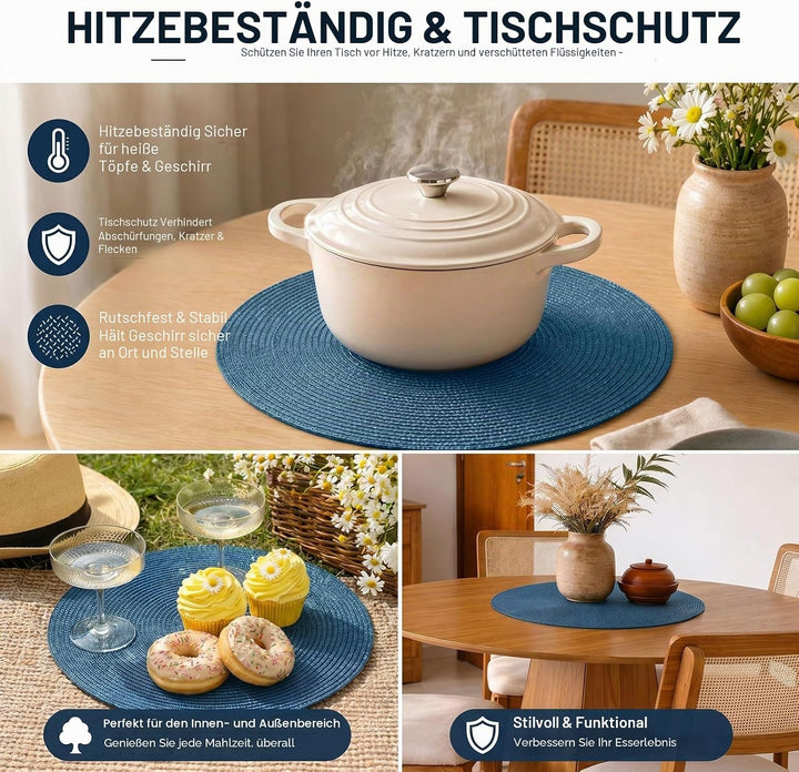 FunWheat Runde geflochtene Tischsets für Esstische, gewebt, waschbar, rutschfest, 38,1 cm, für den S