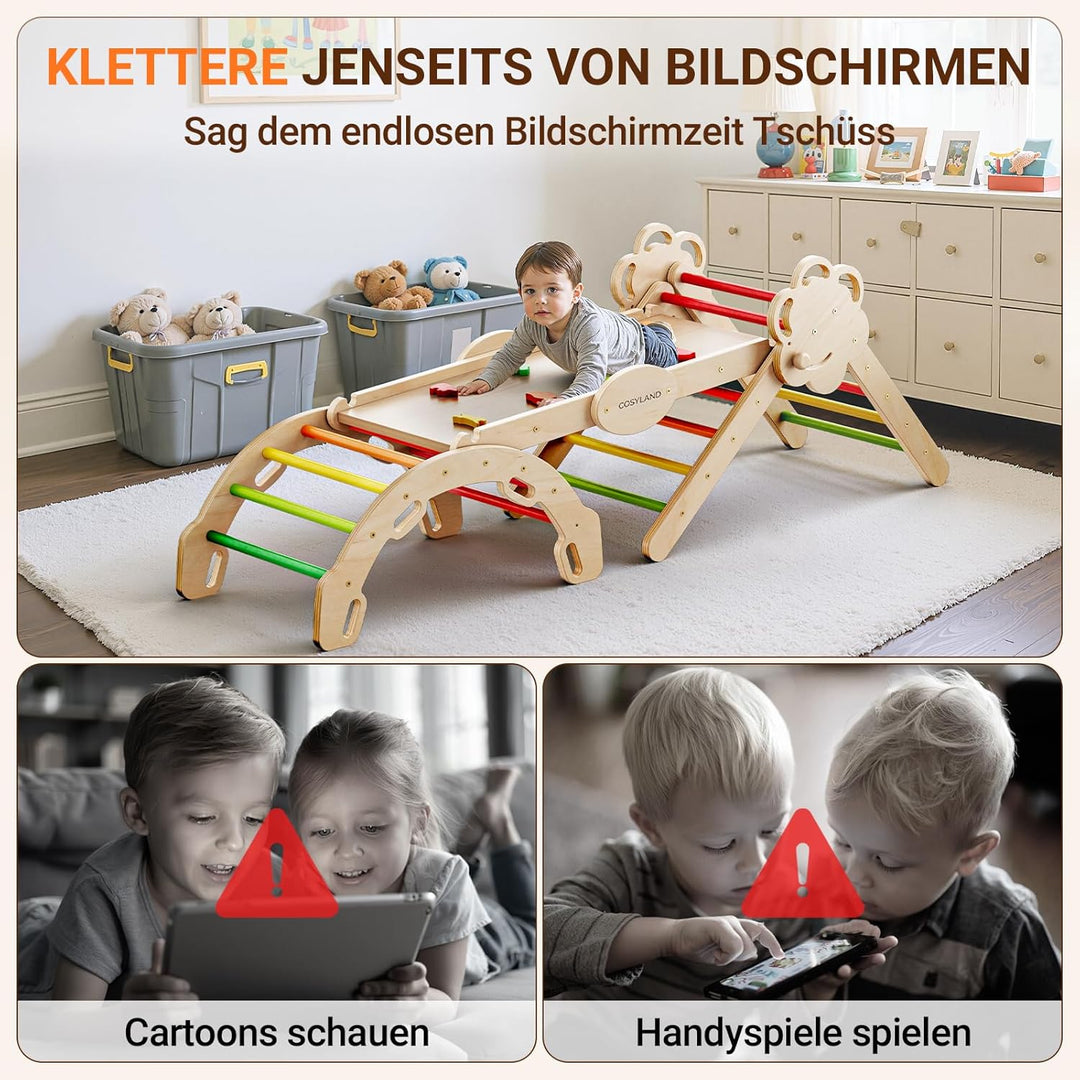 COSYLAND 8-in-1 Klettergerüst Indoor L – Grosses Kletterdreieck Set mit Kletterbogen & Rutsche – War