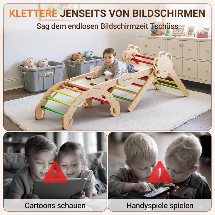COSYLAND 8-in-1 Klettergerüst Indoor L – Grosses Kletterdreieck Set mit Kletterbogen & Rutsche – War