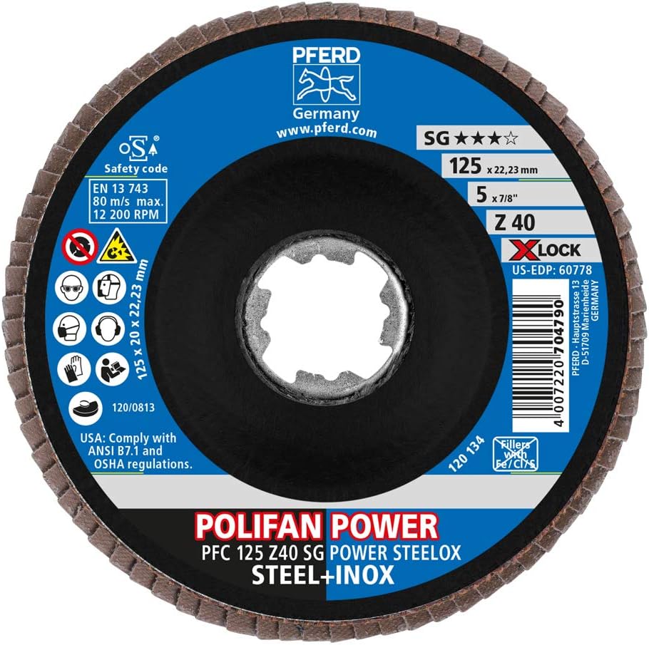 PFERD Fächerscheibe POLIFAN POWER, 10 Stück, 125mm, Z40, X-LOCK (22,23 mm), SG STEELOX, 67784126 – f