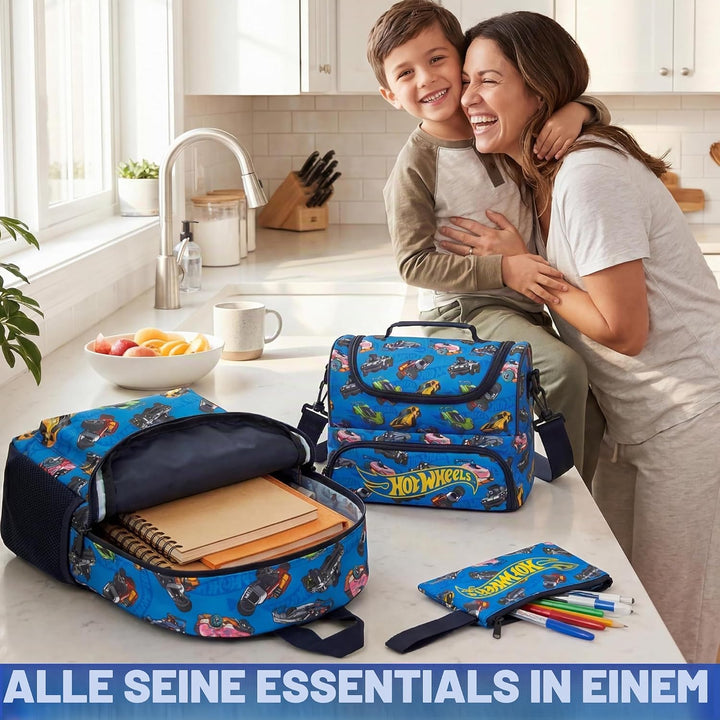 Get Trend Hot Wheels Rucksack Kinder 3er Set, Kinderrucksack mit Federmäppchen und Isolierte Lunchta