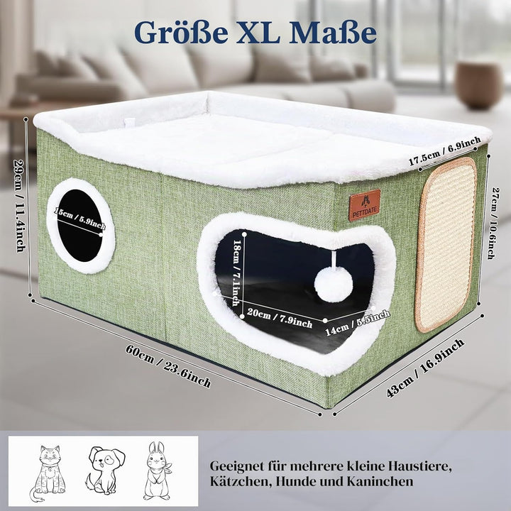 Extra Grosse Katzenhaus Indoor, 2-stöckige Kuschelhöhle mit Kratzbrett und Spielball, Katzenhöhle fü