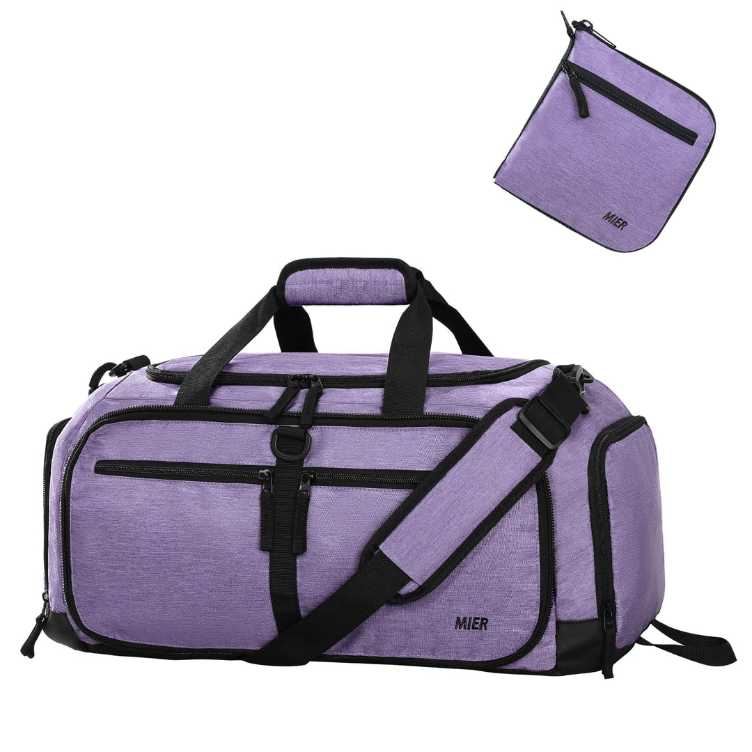 MIER Sporttasche 50L faltbar, Reisetasche mit Schuhfach, Weekender, Lila | Separates belüftetes Schu