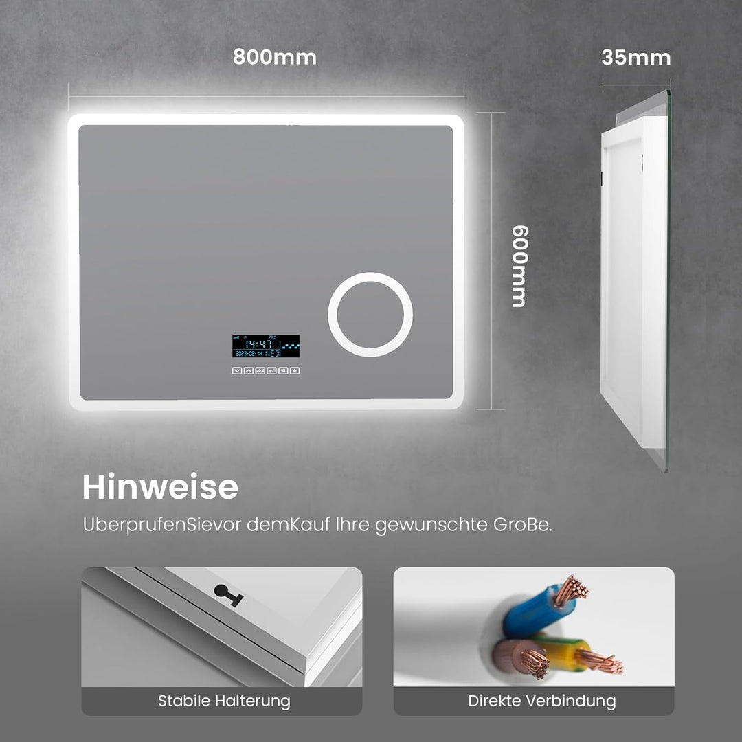Heilmetz Badspiegel mit Beleuchtung 80x60cm Badezimmerspiegel mit Beleuchtung LED Badspiegel IP44 En