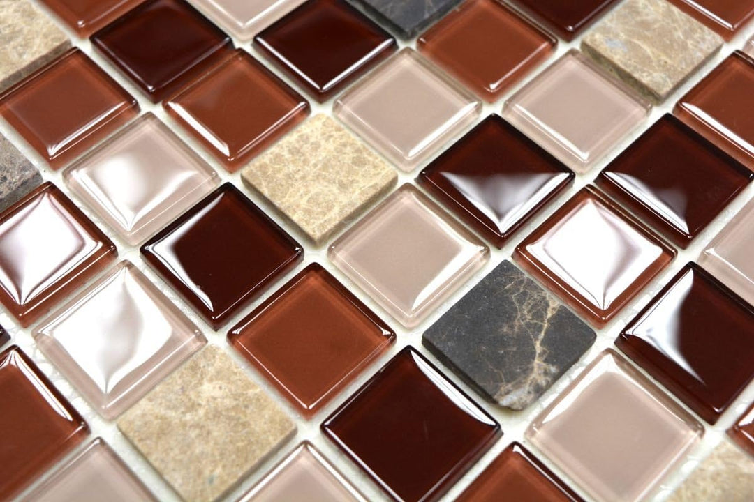 Mosaik Fliese selbstklebend Transluzent Stein beige braun Rechteck Glasmosaik Crystal Stein beige br