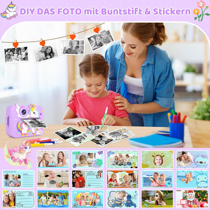 GuKKK Kinderkamera Sofortbildkamera, 2,4 Zoll Sofortbildkamera Kinder mit 32G TF Karte und Fotopapie