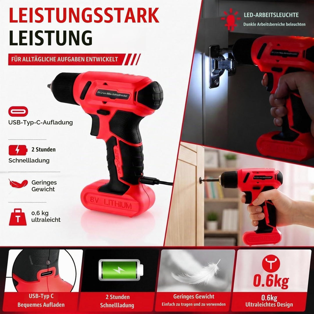 TLGREEN 101-tlg Akkuschrauber Werkzeugset, 8V Akkubohrer Werkzeugkoffer gefüllt, Werkzeugkasten Haus