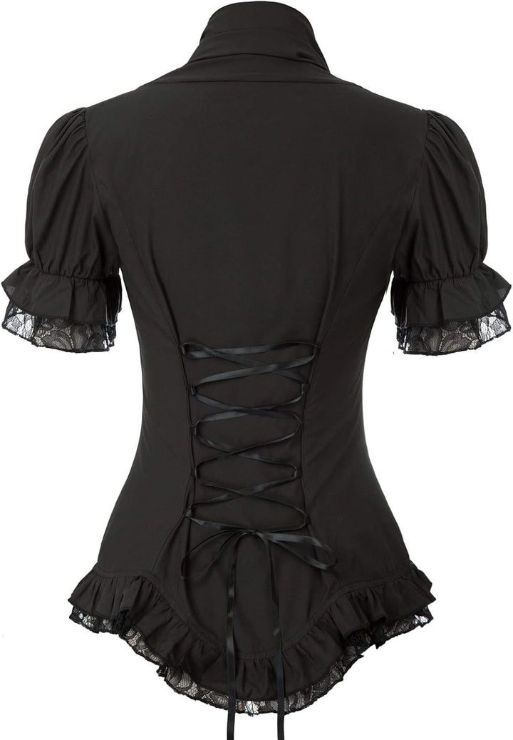 SCARLET DARKNESS Damen Rüschenbluse Mittelalter Spitzen Shirt Gothic Bluse für Party Oberteil Schwar