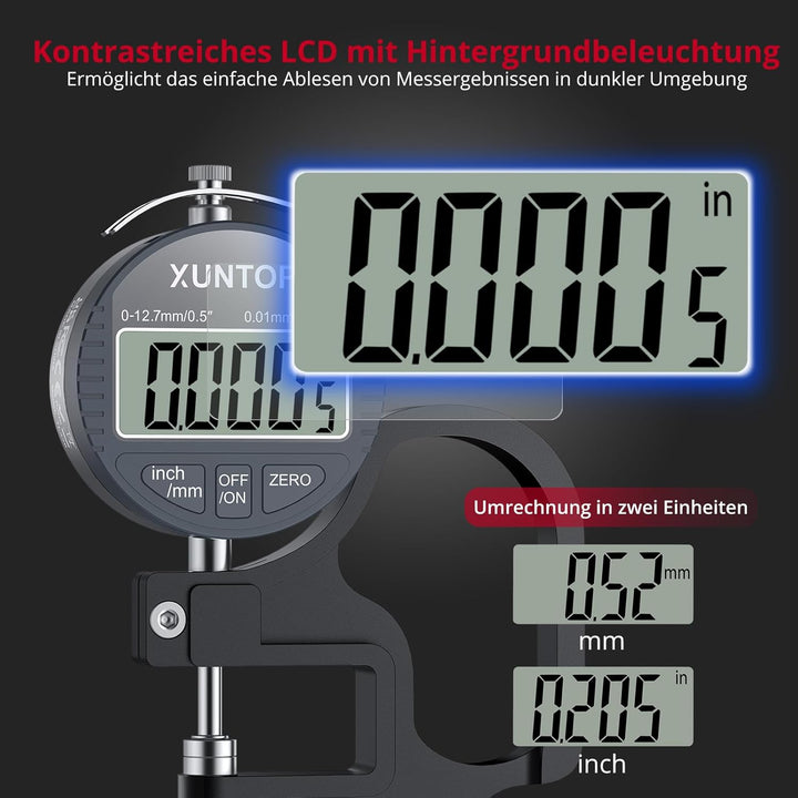XUNTOP Digitales Dickenmessgerät Messbereich 0-12.7mm Elektronischer Mikrometer Zoll/metrisch elektr