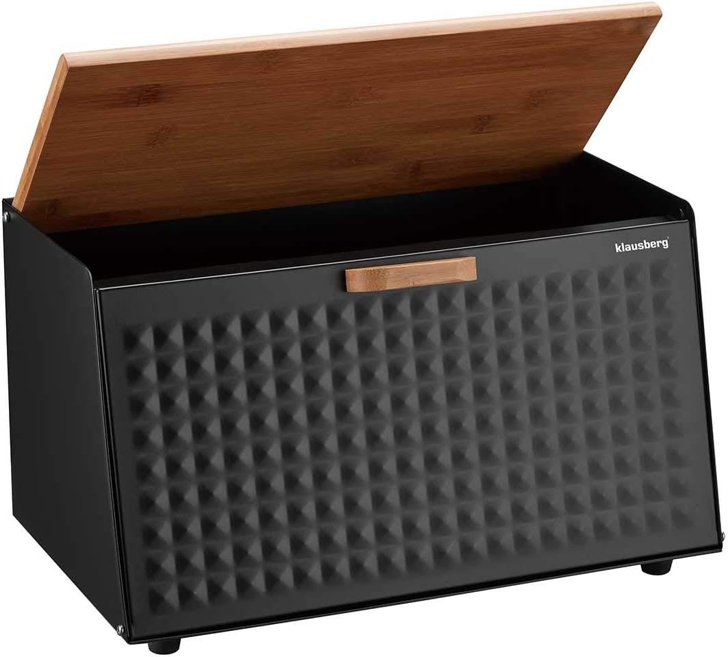 Klausberg Brotbox Brotkasten Brotkiste Holz Edelstahl Brotkorb (Black) Schwarz, Schwarz