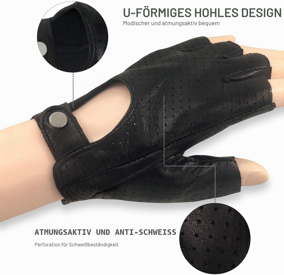 ZLUXURQ Herren-Lederhandschuhe Vollmaschige Fingerlose Halbfinger-Fahrhandschuhe Small-8.5" Schwarz,