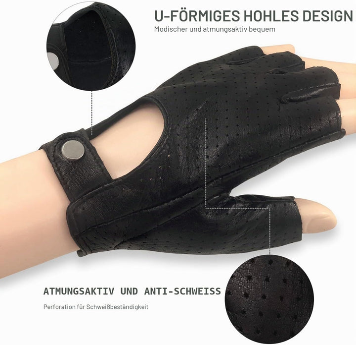 ZLUXURQ Herren-Lederhandschuhe Vollmaschige Fingerlose Halbfinger-Fahrhandschuhe Small-8.5" Schwarz,