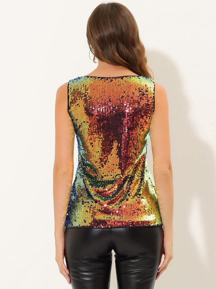 Allegra K Damen Pailletten Oberteil Ärmellos Rundhals Glitzer Metallic Glänzend Party Sparkle Tankto
