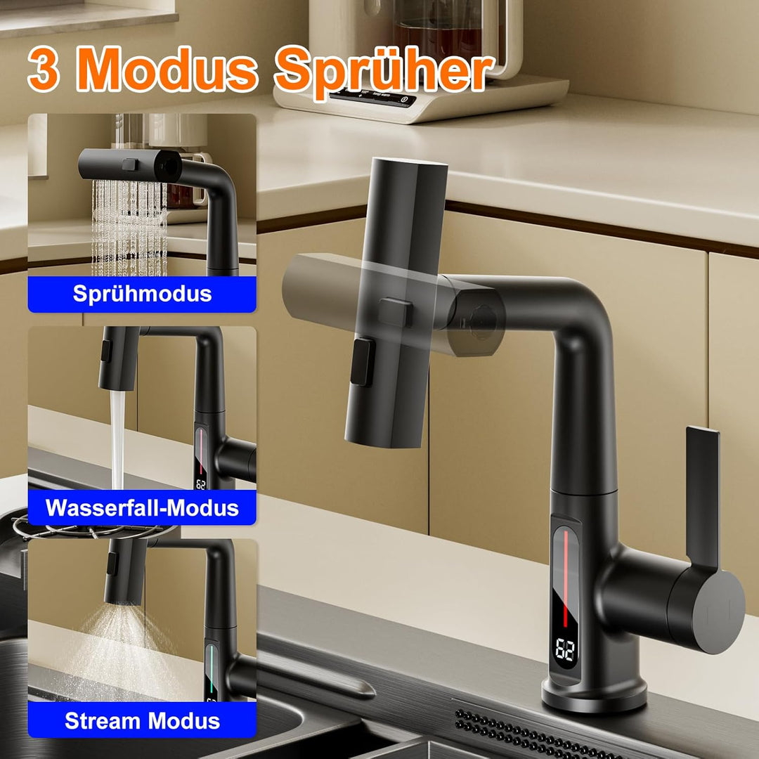 Wasserhahn Küche mit Brause Ausziehbar, 3 Modus Küchenarmatur mit LED Temperaturanzeige, Einhebel Mi