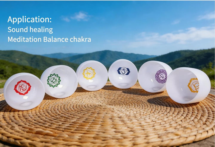 ENERGYSOUND 432Hz 6-12 Inch Chakra Symbol Design Frosted Quartz Crystal Singing Bowl with 2 PCS Trav