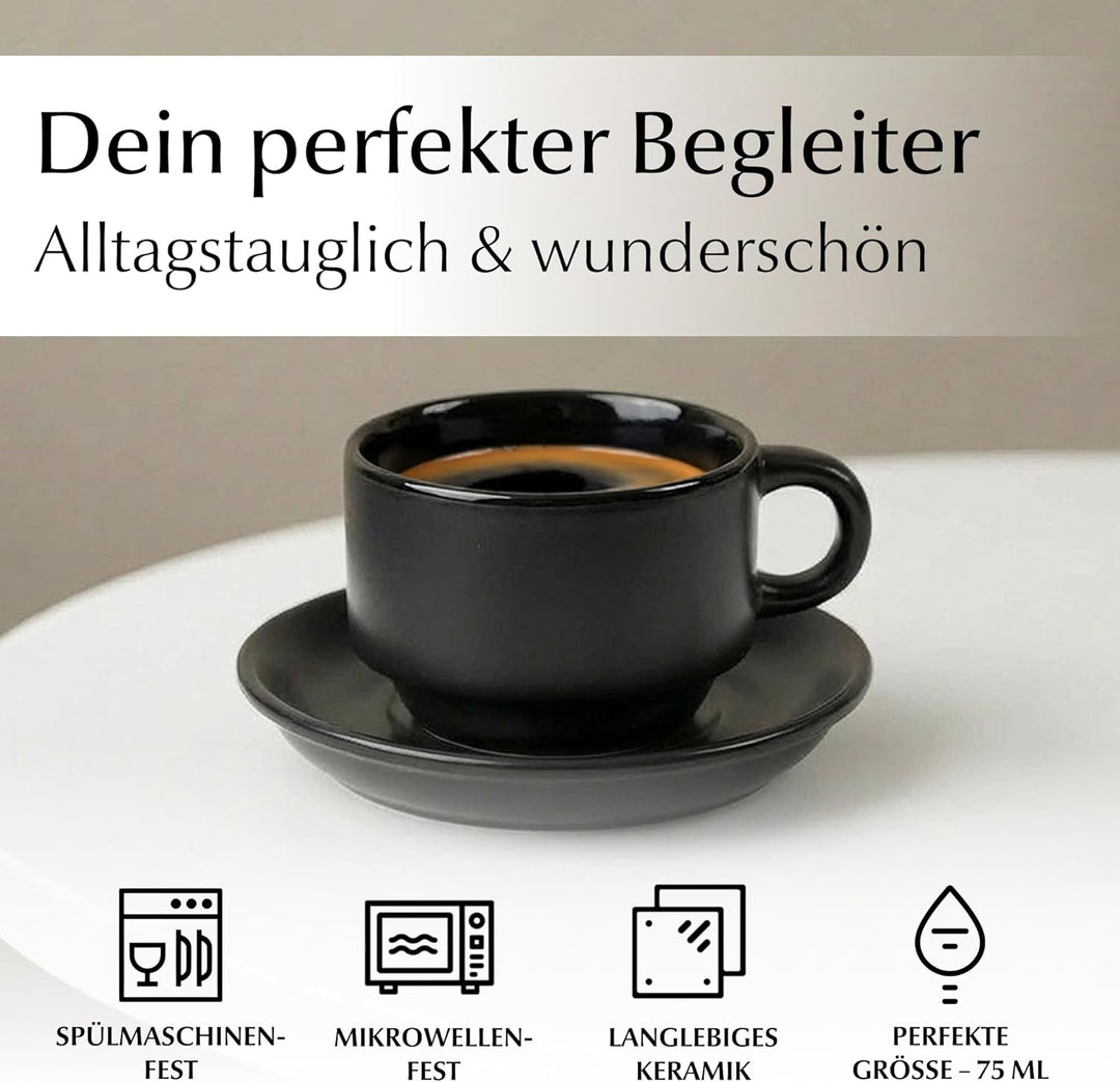 MIAMIO - 6 x 75 ml Espressotassen Set/Espresso Tassen Set mit Untertasse & Ständer - Kaffeetassen Se