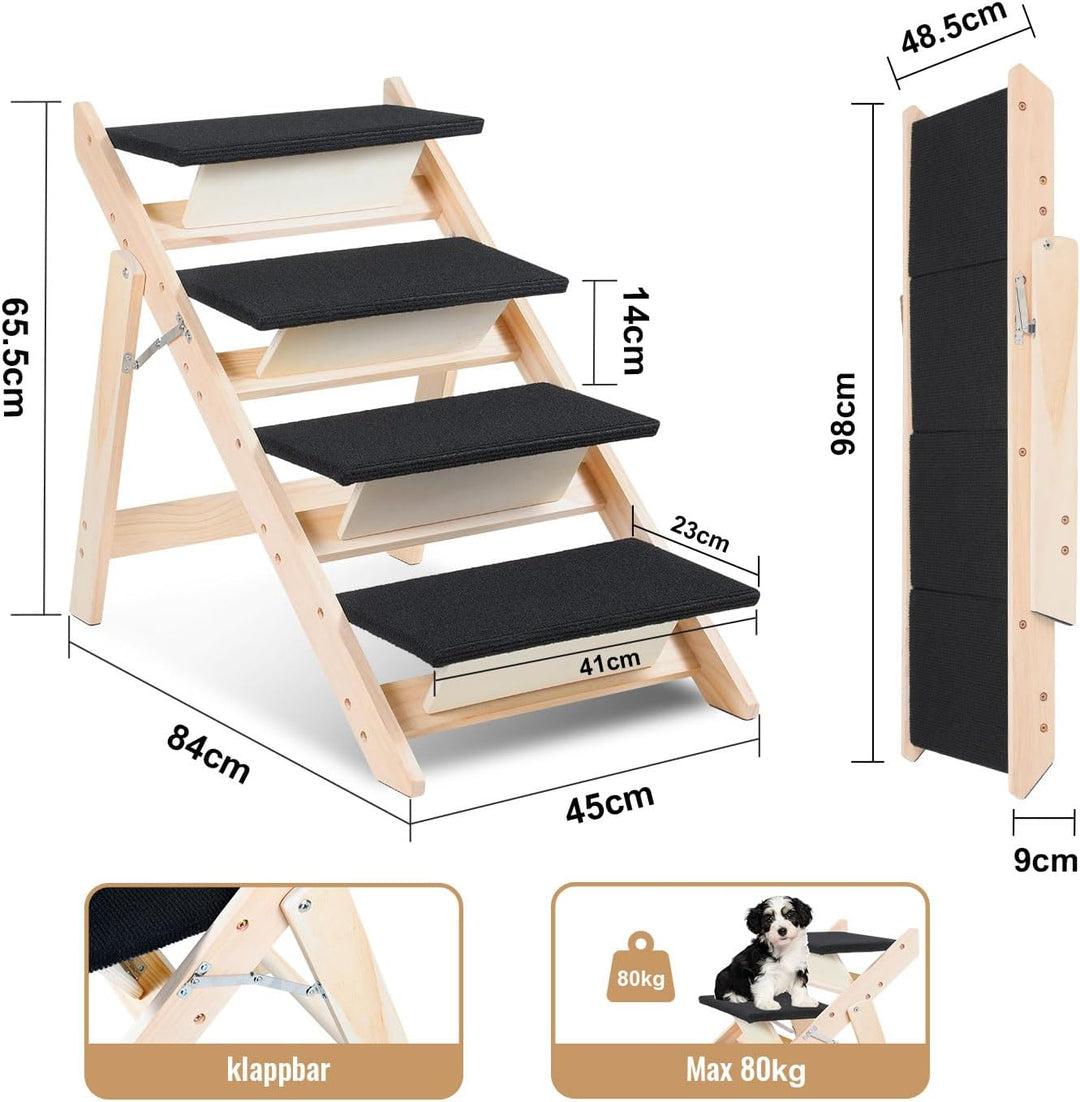 Hundetreppe 2 in 1 Hunderampe, Klappbare Haustiertreppe 65,5cm Hoch, 4-Stufig Faltbare Katzentreppe,